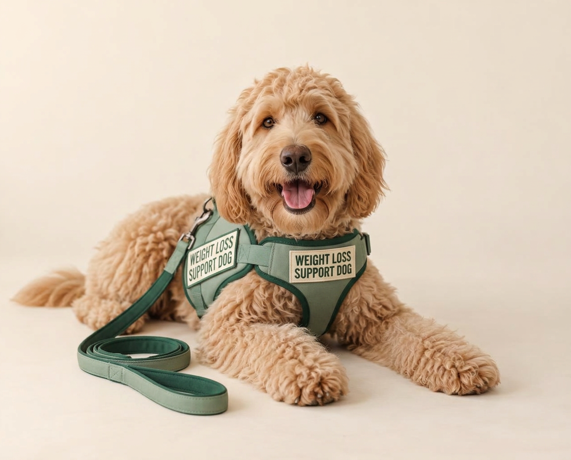 Norman, a golden doodle wearing his green Weight Loss Support Dog harness